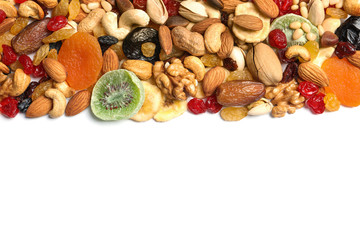 Different dried fruits and nuts on white background, top view. Space for text