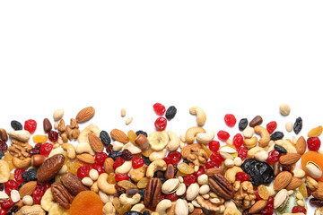 Fototapeta Different dried fruits and nuts on white background, top view. Space for text obraz