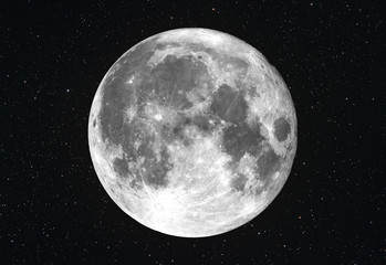 Bright super Moon with stars as backround in the deep space. Composition of two photos taken with telescope. © infinitalavita