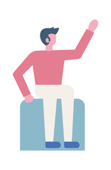 Business man or a clerk sitting with a raised hand. Flat style modern
