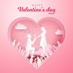 Valentine's Day greeting card. Young man kneeling to his girlfriend and giving a rose with carved heart background. paper cut style vector illustration