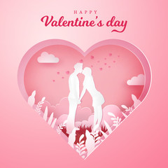 Valentine's Day greeting card. romantic couple kissing and holding hands with carved heart background. paper cut style vector illustration