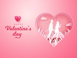 Valentine's Day background. couple walking and holding hands with carved heart background. paper cut style vector illustration