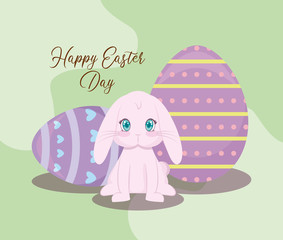 happy easter day card with cute rabbit and eggs