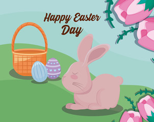 happy easter day card with cute rabbit and eggs