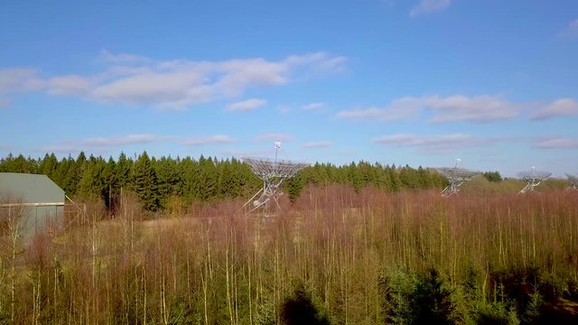 Aerial view of The Westerbork Synthesis Radio Telescope (WSRT). An aperture synthesis interferometer consisting of a linear array of 14 antennas