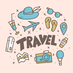 Set of travel doodle symbols in vector.