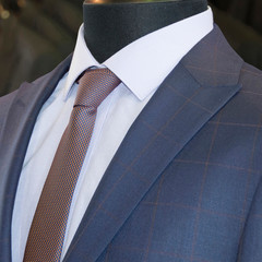 Man's suit: jacket, shirt, tie. Modern style. Elegant clothes. Men fashion industry. Stylish jacket. Clothes