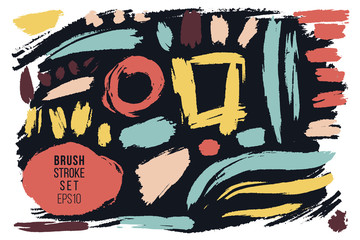 Grunge brush strokes various shapes. Artistic painted spots grungy set. Hand drawn shapes and lines as design elements. Brush strokes collection.