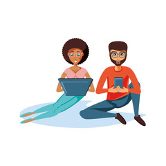 young couple sitting with technological devices