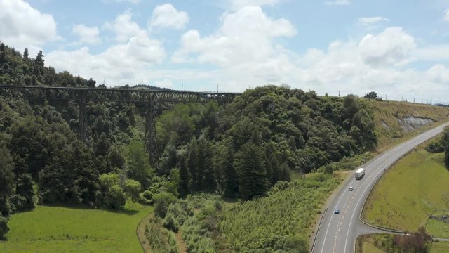 Aerial view of state highway 1 in New Zealand passing through Rangitikei region. 4k