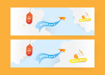 Horizontal Banners Big Sale 50% and 70% special offer. Paper airplane flying with red label on blue background with loudspeaker and clouds. Flat vector illustration EPS10.
