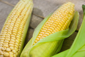 Fresh yellow corn on a wooden background