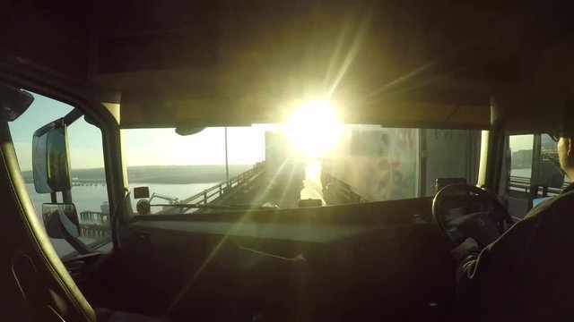 Time lapse shot in cab of a HGV (Truck) driving through busy traffic on the Dartford Crossing which connects Kent to Essex in the UK