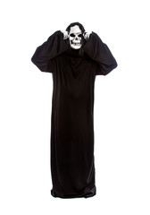 Halloween costume of a skeleton grim reaper wearing a black robe on a white background gesturing...
