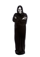 Halloween costume of a skeleton grim reaper wearing a black robe on a white background gesturing...