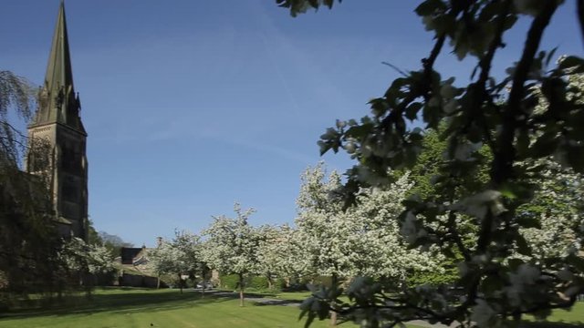 Edensor Village Church & Blossom, Chatsworth Estate, Derbyshire, England, UK, Europe