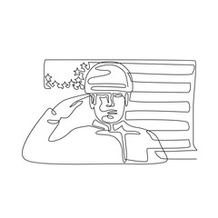Continuous line illustration of an American soldier or military personnel saluting USA stars and stripes flag viewed from front  done in black and white monoline style.