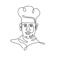 Continuous line illustration of head of a chef, cook or baker wearing toque hat viewed from front done in black and white monoline style.