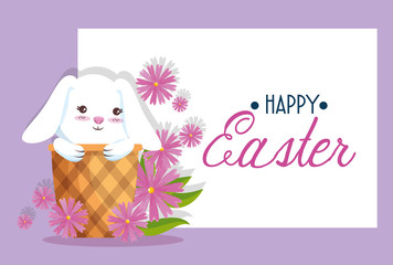 happy rabbit inside basket to easter card decoration