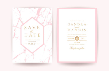 Luxury Pink and Rose Gold Marble Wedding invitation cards Vector template. Can be adapt to covers design, RSVP, brochure, Packaging, Magazine, Poster and Greeting card. 