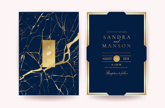 Luxury indigo marble wedding invitation cards. Can be adapt to covers design, RSVP, brochure, Packaging, Magazine, Poster and Greeting cards. Vector 
