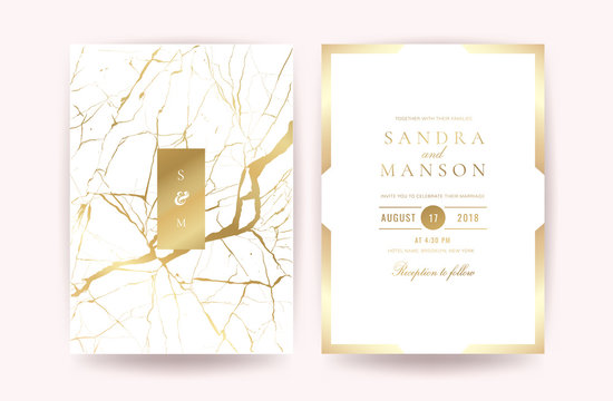 Marble Wedding invitation. Design with Luxury Marbling Golden and Geometric shape pattern. Can be adapt to covers design, RSVP, brochure, Packaging, Magazine, Poster and Greeting cards. Vector 