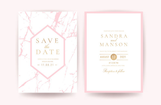 Luxury Pink and Rose Gold Marble Wedding invitation cards Vector template. Can be adapt to covers design, RSVP, brochure, Packaging, Magazine, Poster and Greeting card. 