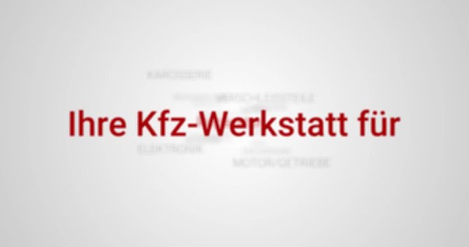 Animation welche den Service einer Kfz-Werkstatt zeigt (z.B. T&Uuml;V, Abnahme, Hauptuntersuchung, HU, AU). Grauer Hintergrund, rote Schrift.