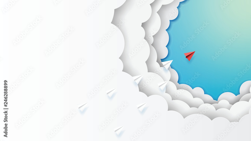 Poster paper art style of business leadership and teamwork creative concept idea.paper airplanes flying on 