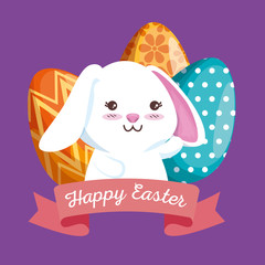 rabbit with easter eggs decoration and ribbon