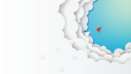 Paper art style of business leadership and teamwork creative concept idea.Paper airplanes flying on clouds and blue sky.Vector illustration.