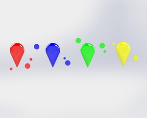 LOCATION Red arrow, yellow, green, glossy blue The concept of tagging needles, important places to sign in to create route searches Isolated on a white background 3D 3D rendering