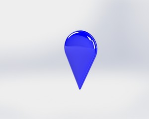 LOCATION pin glossy blue arrow. The concept of tagging a sign landmark needle tip to create a route search. Isolated on white background 3D rendering 3D.