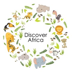 Obraz na płótnie Canvas Safari animals set. Cute wild animals and savannah plants. Kid style. Hand drawn vector illustration in a circle shape with a space for your text for social media, ads, or printed products.