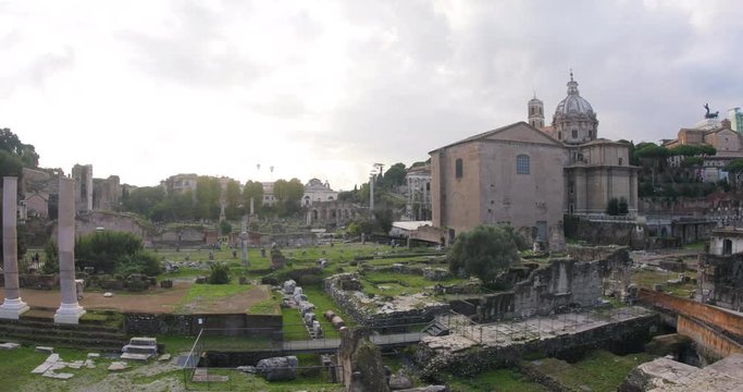 Ruins of the ancient town in Rome on a warm spring day. Roman ruins, Rome cityscape Stunning fisheye view.