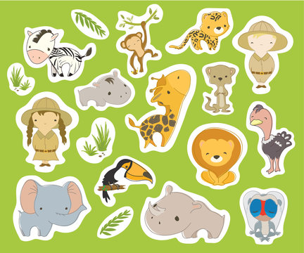 Set of cute safari tour stickers. Hand drawn vector illustration. Minimalistic kid style characters in white outline.