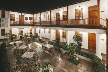 Night time Interior of beautiful yard with restaurant  outdoor in luxury tropical hotel in Sri Lanka