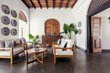 Contemporary hotel hall interior design with portugues and asian style details