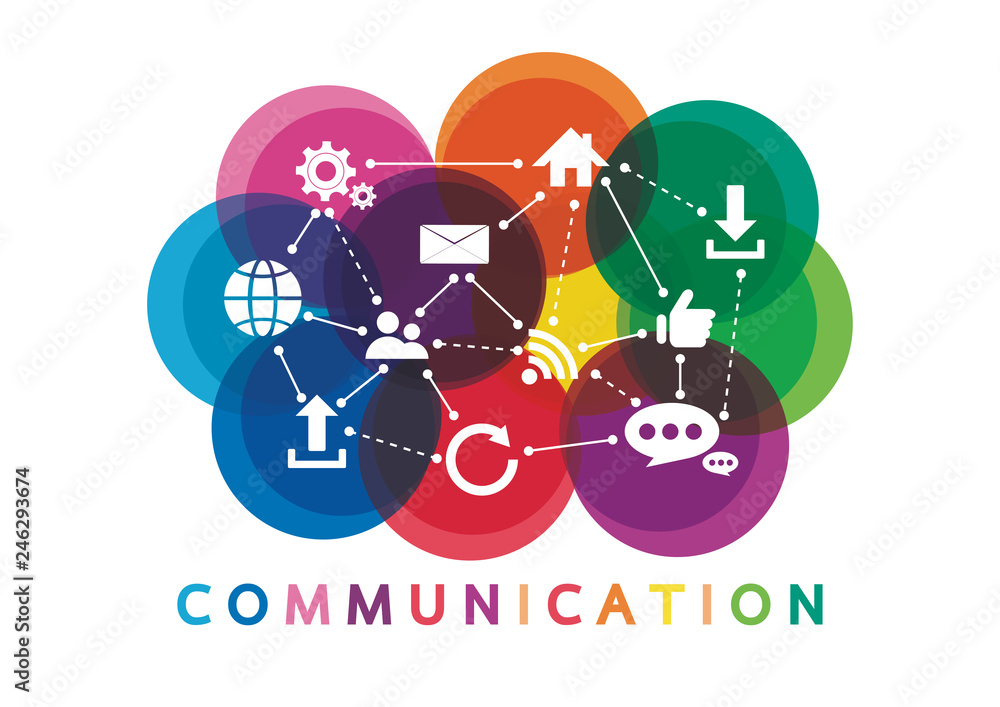 Poster vector illustration of a communication concept. the word communication with colorful dialog speech b
