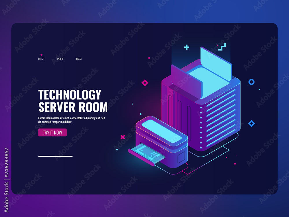 Poster server room icon, datacenter and database access concept, web hosting, cloud storage technology, onl