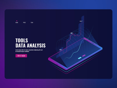 Mobile service data analysis and information statistic, financial report, online bank icon isometric vector illustration dark neon