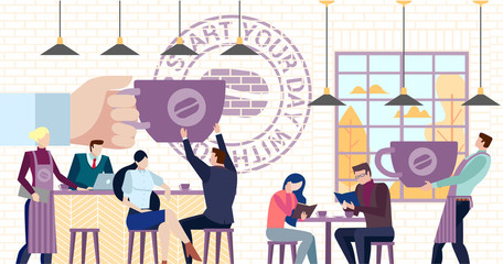 Concept Flat illustration. Business people drink coffee read the books inside the cafe. Start your day with coffee words.