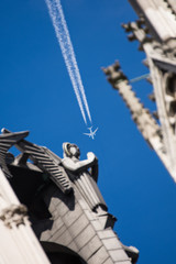 Fototapeta na wymiar Jet aircraft track between Cologne Cathedral ,Kolner Dom,Hohe Domkirche Sankt Petrus,2017