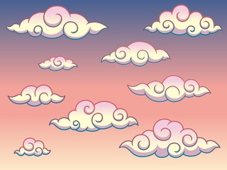 Fototapeta premium Rainbow Japanese or Chinese Swirl Curly Style Clouds in The Sky Background Vector Illustration