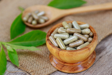 herbal medicine in capsules for healthy eating with herb leaf, alternative supplement for good living lifestyle 