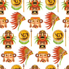 Maya traditional attributes and ancient priceless relics seamless pattern.