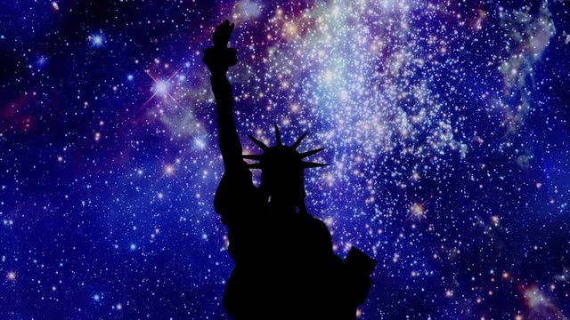 The black silhouette shape of the statue of Liberty in New York, USA, over a moving starscape timelapse background.