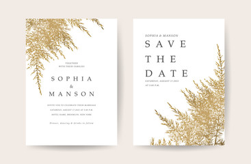 Luxury Natural Wedding Card for summer and spring seasons. Design With golden leaves minimal style decoration. Vector