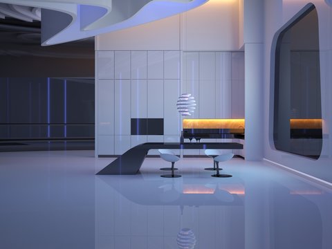 Kitchen design of the future. Futuristic interior of the living room. 3D illustration
